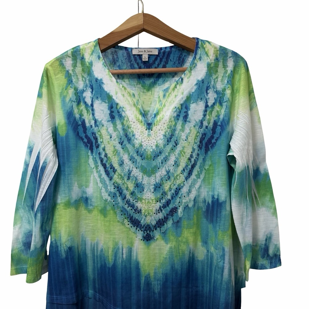 Jess & Jane Rhinestone Tie Dye Top Size L Blue Lightweight‎ Artsy 3/4 Sleeve NEW - Picture 3 of 9